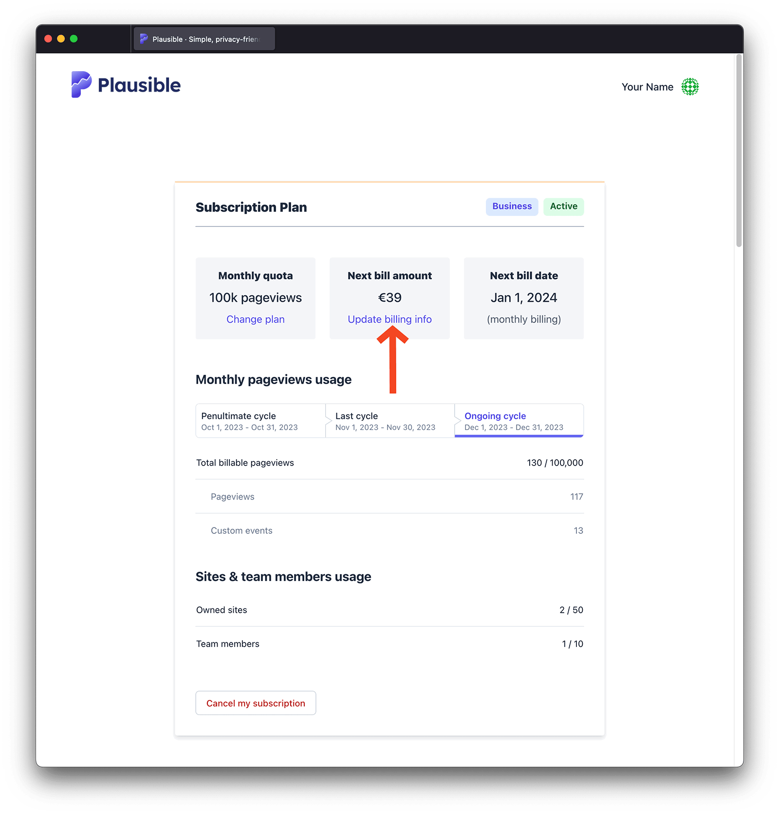 Update Plausible billing information