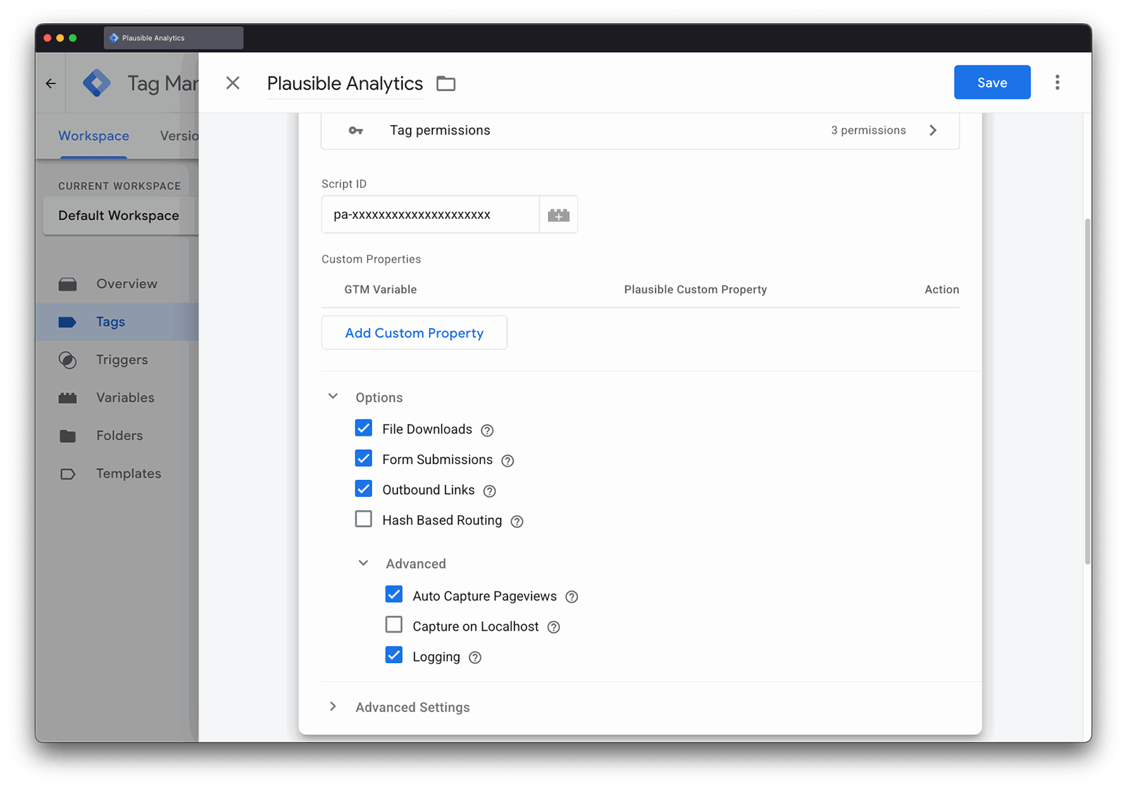 Plausible GTM Template New Tag Configuration options Plausible GTM Template New Tag Configuration options